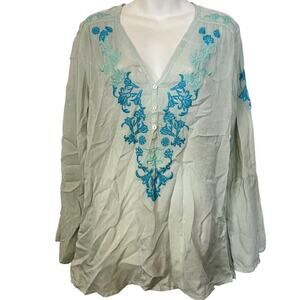 Johnny Was Womens Sheer Blue Floral Embroidered V-Neck Tunic Top Shirt Beachy M